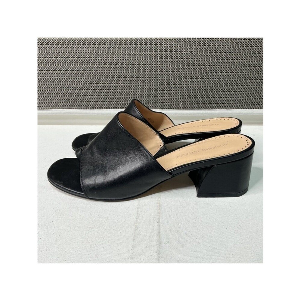 Adrienne Vittadini Black Leather Open-Toe Mules 9.5M With Block Heels